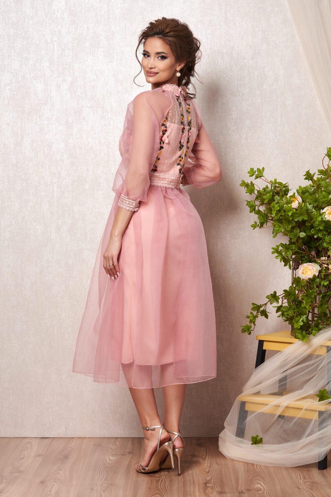 Ροζ Μίντι Βραδινό Φόρεμα Με Δαντέλα Marsilia T2257 2