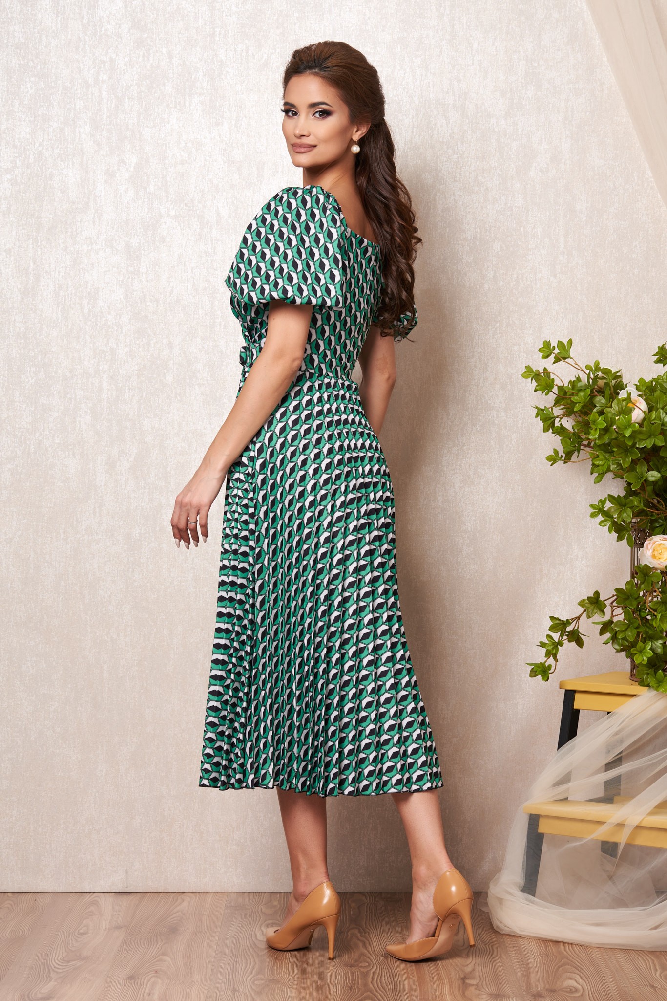 Πράσινο Εμπριμέ Μίντι Βραδινό Φόρεμα Ylda T2324 2