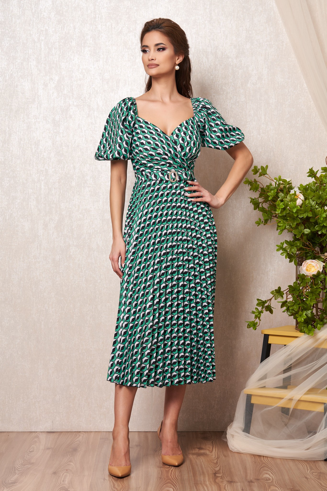 Πράσινο Εμπριμέ Μίντι Βραδινό Φόρεμα Ylda T2324 1