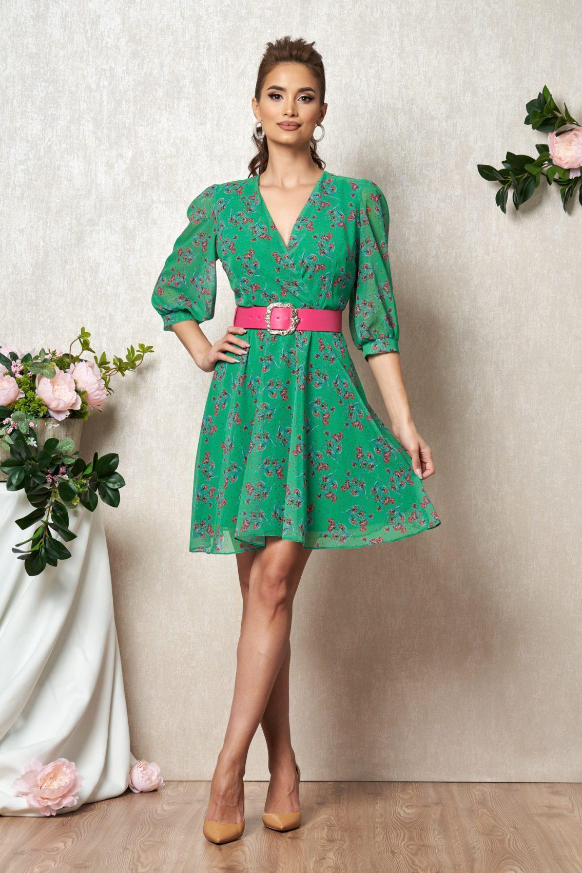 Πράσινο Βραδινό Φλοράλ Φόρεμα Από Μουσελίνα Sefora T1915 1