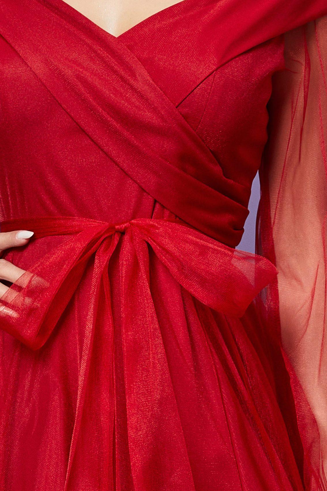 Κόκκινο Μάξι Αμπιγιέ Φόρεμα Με Τούλι Hermosa T2411 4