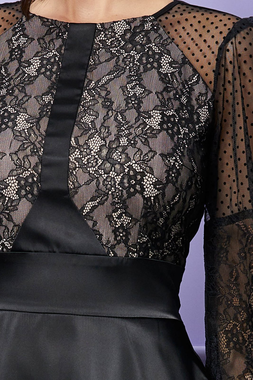 Μαύρο Σατέν Αμπιγιέ Φόρεμα Με Δαντέλα Romelia T2394 4