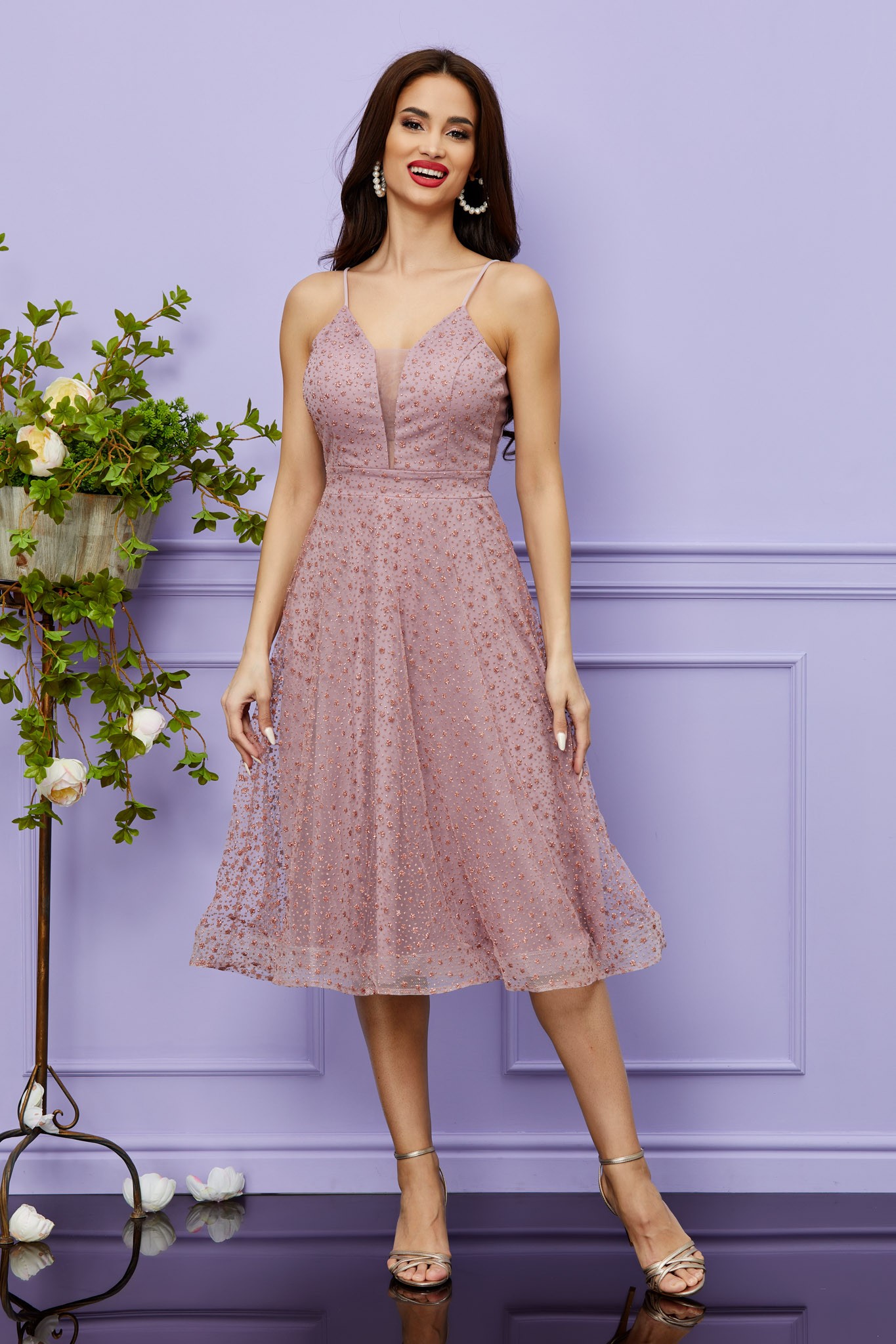 Ροζ Μίντι Αμπιγιέ Φόρεμα Με Τιράντες Sweetie T2470 1
