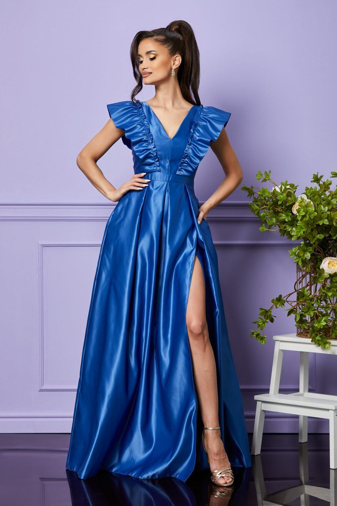 Μπλε Ρουά Σατέν Μάξι Αμπιγιέ Φόρεμα Juliette T2384 1