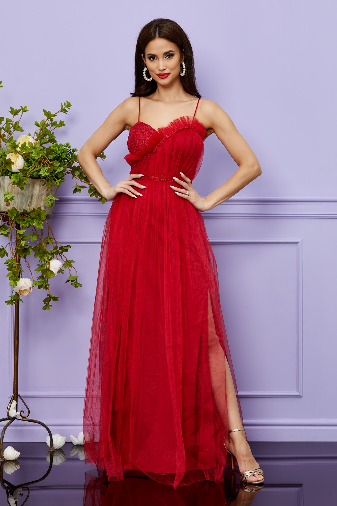 Κόκκινο Μάξι Αμπιγιέ Φόρεμα Με Δαντέλα Magnificent T2477 1