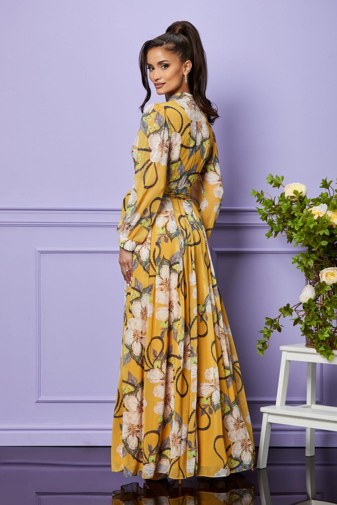 Κίτρινο Φλοράλ Μάξι Βραδινό Φόρεμα Malinka T2425 2