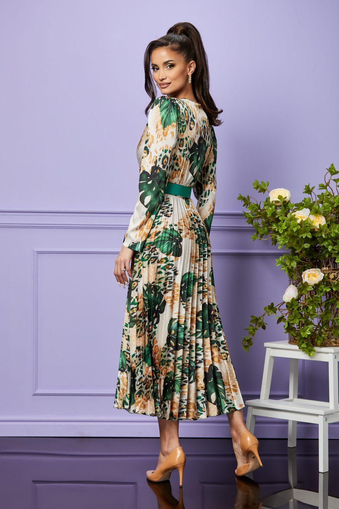 Πράσινο Εμπριμέ Σατέν Βραδινό Φόρεμα Alevia T2367 2