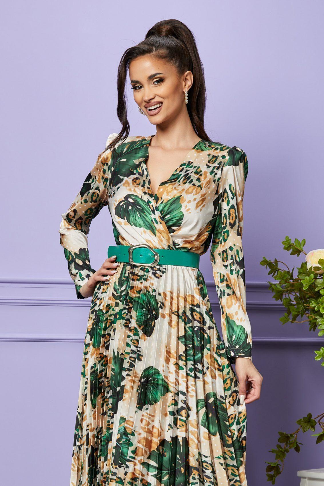 Πράσινο Εμπριμέ Σατέν Βραδινό Φόρεμα Alevia T2367 3