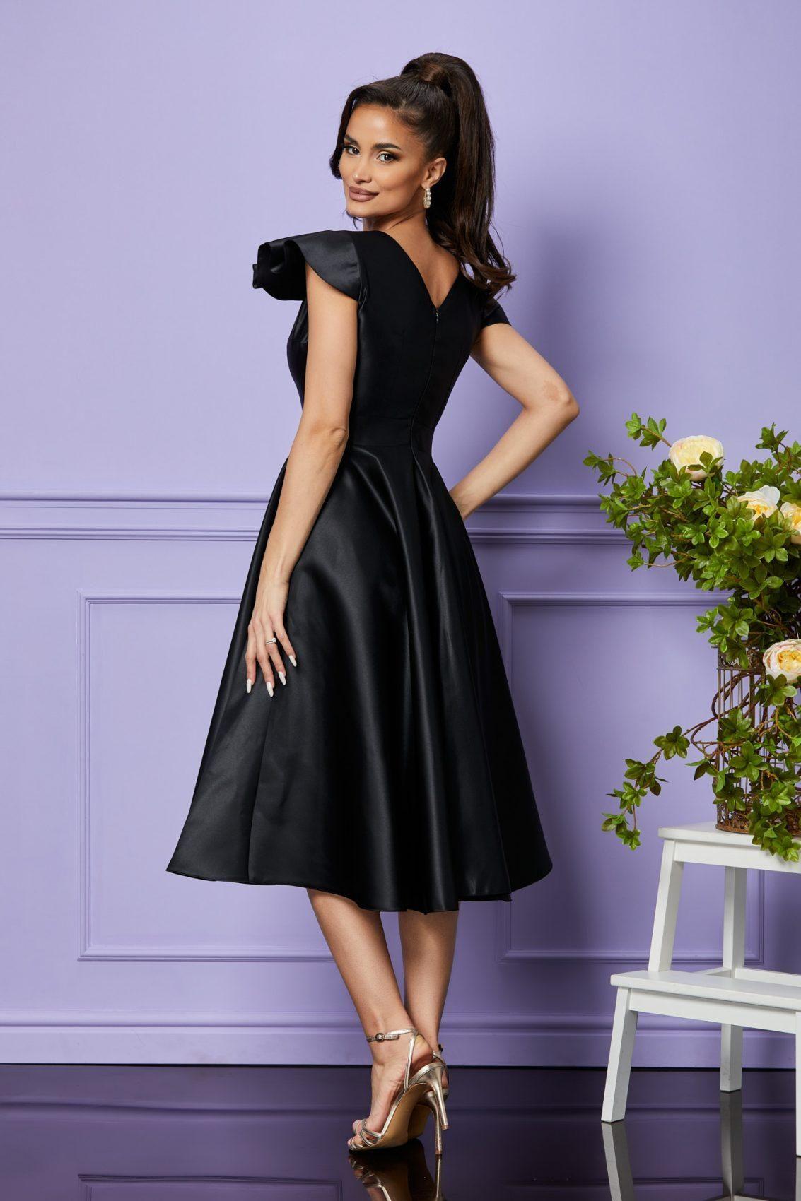 Μαύρο Σατέν Αμπιγιέ Φόρεμα Με Βολάν Bliss T2387 2