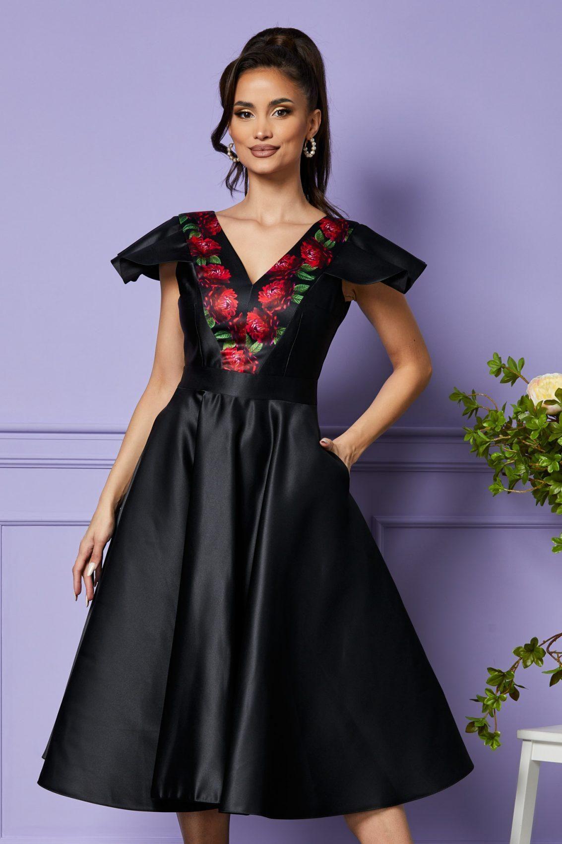 Μαύρο Σατέν Αμπιγιέ Φόρεμα Με Βολάν Bliss T2387 3