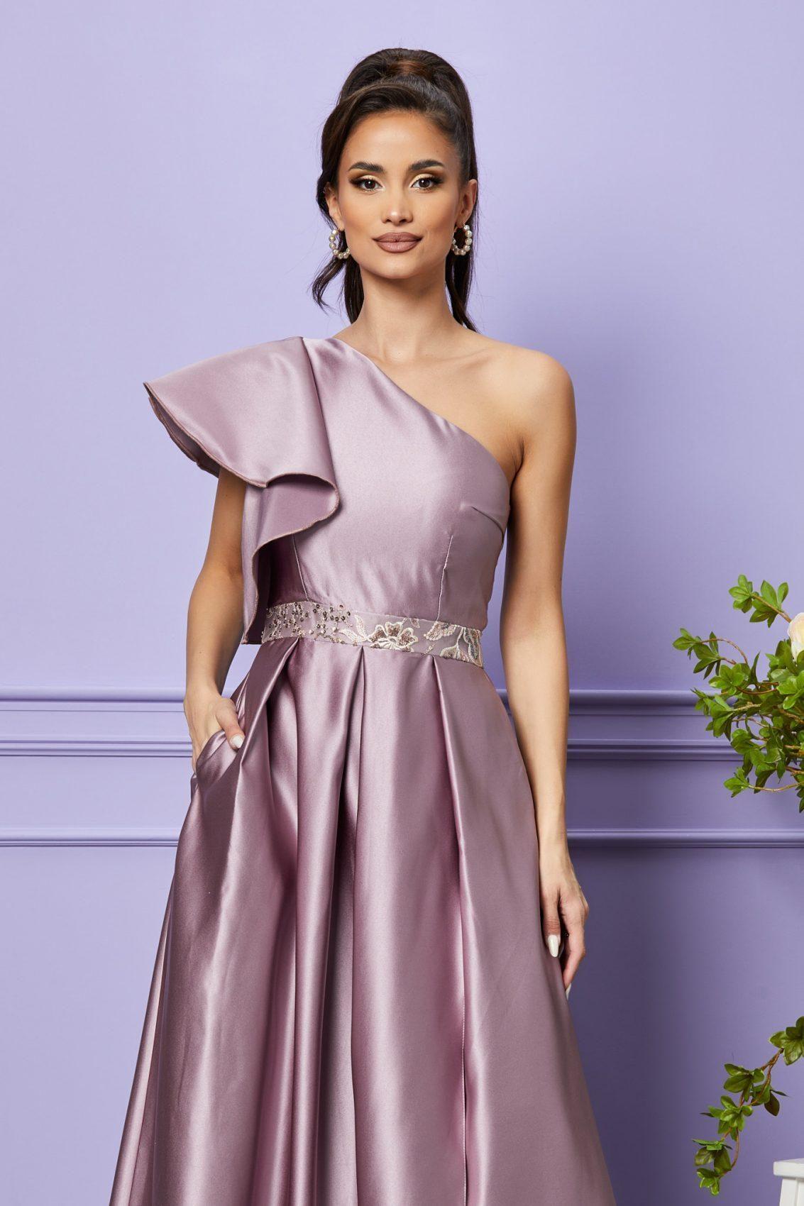 Λιλά Σατέν Αμπιγιέ Φόρεμα Με Έναν Ώμο Octavia T2383 3
