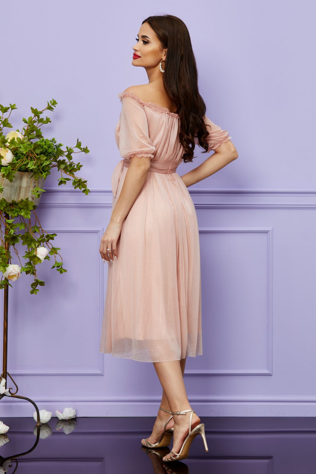 Ροζ Μίντι Βραδινό Φόρεμα Με Γκλίτερ Karamia T2485 2