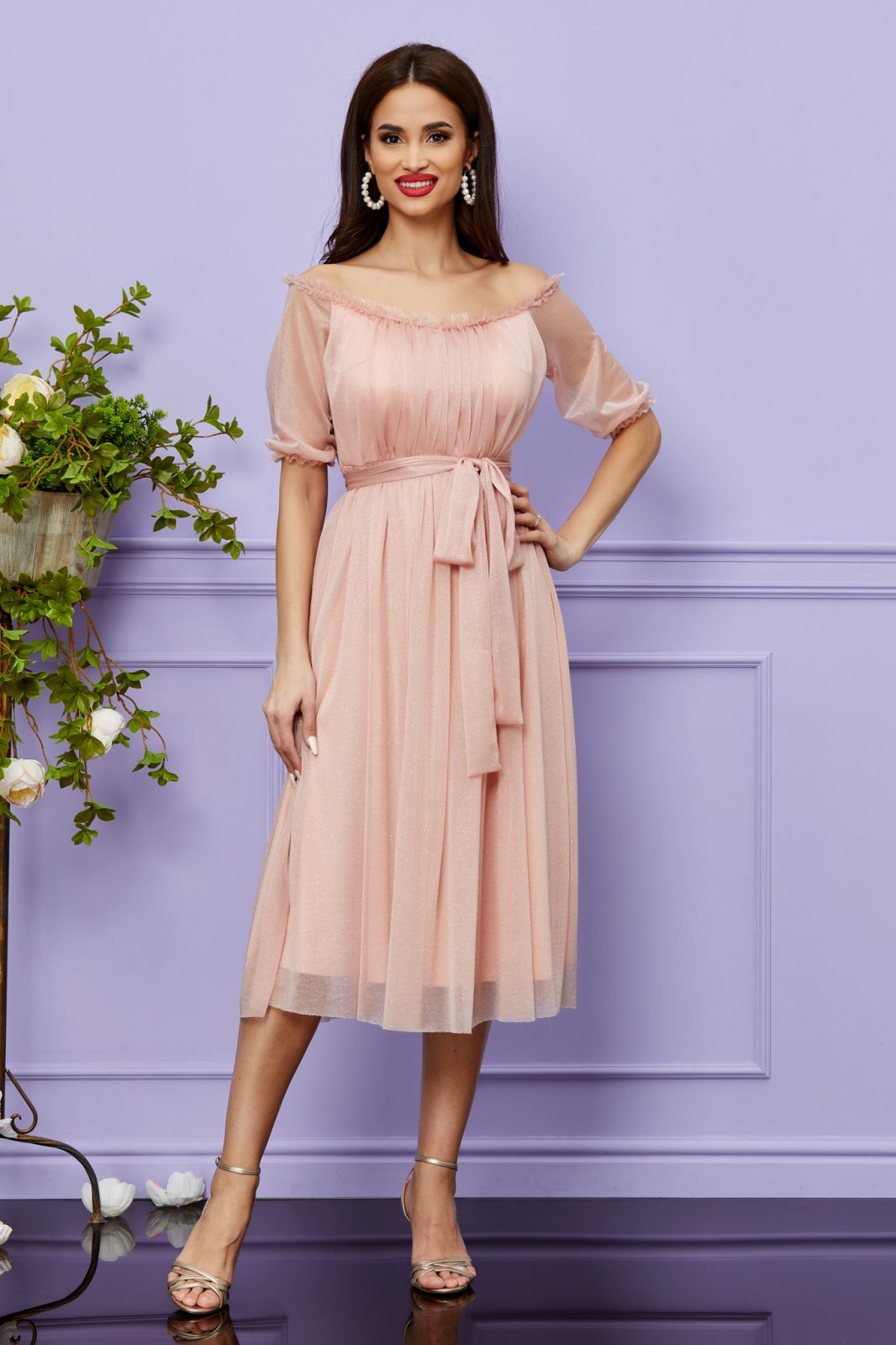 Ροζ Μίντι Βραδινό Φόρεμα Με Γκλίτερ Karamia T2485 1