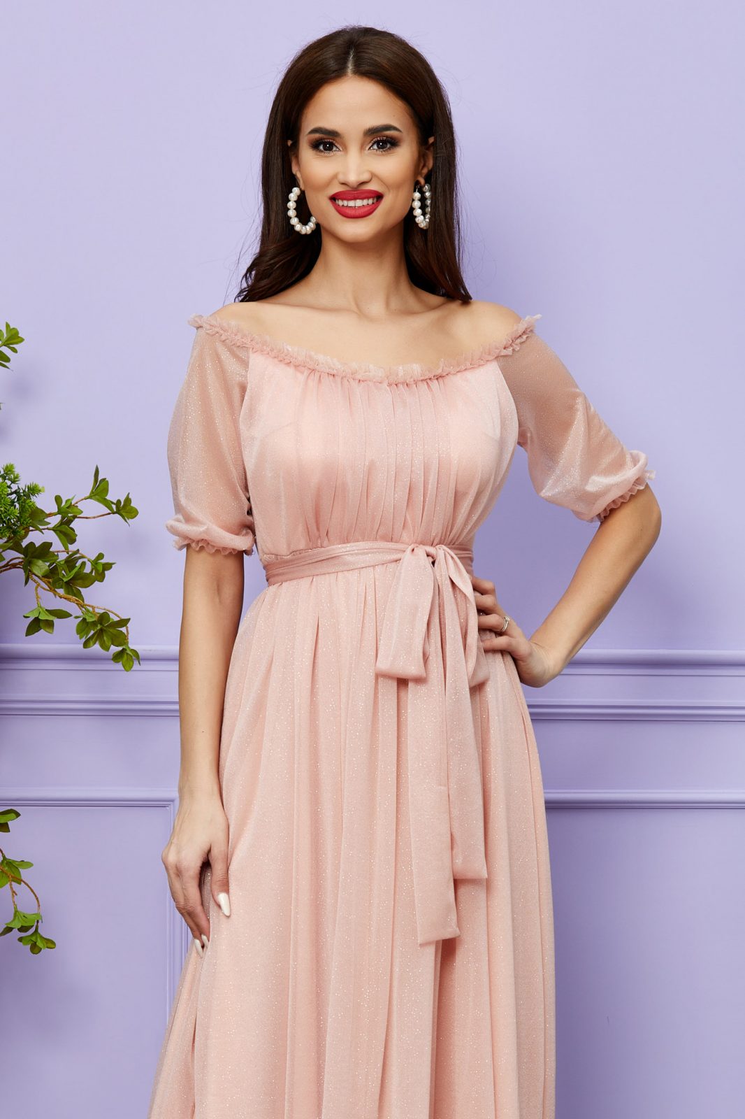 Ροζ Μίντι Βραδινό Φόρεμα Με Γκλίτερ Karamia T2485 3