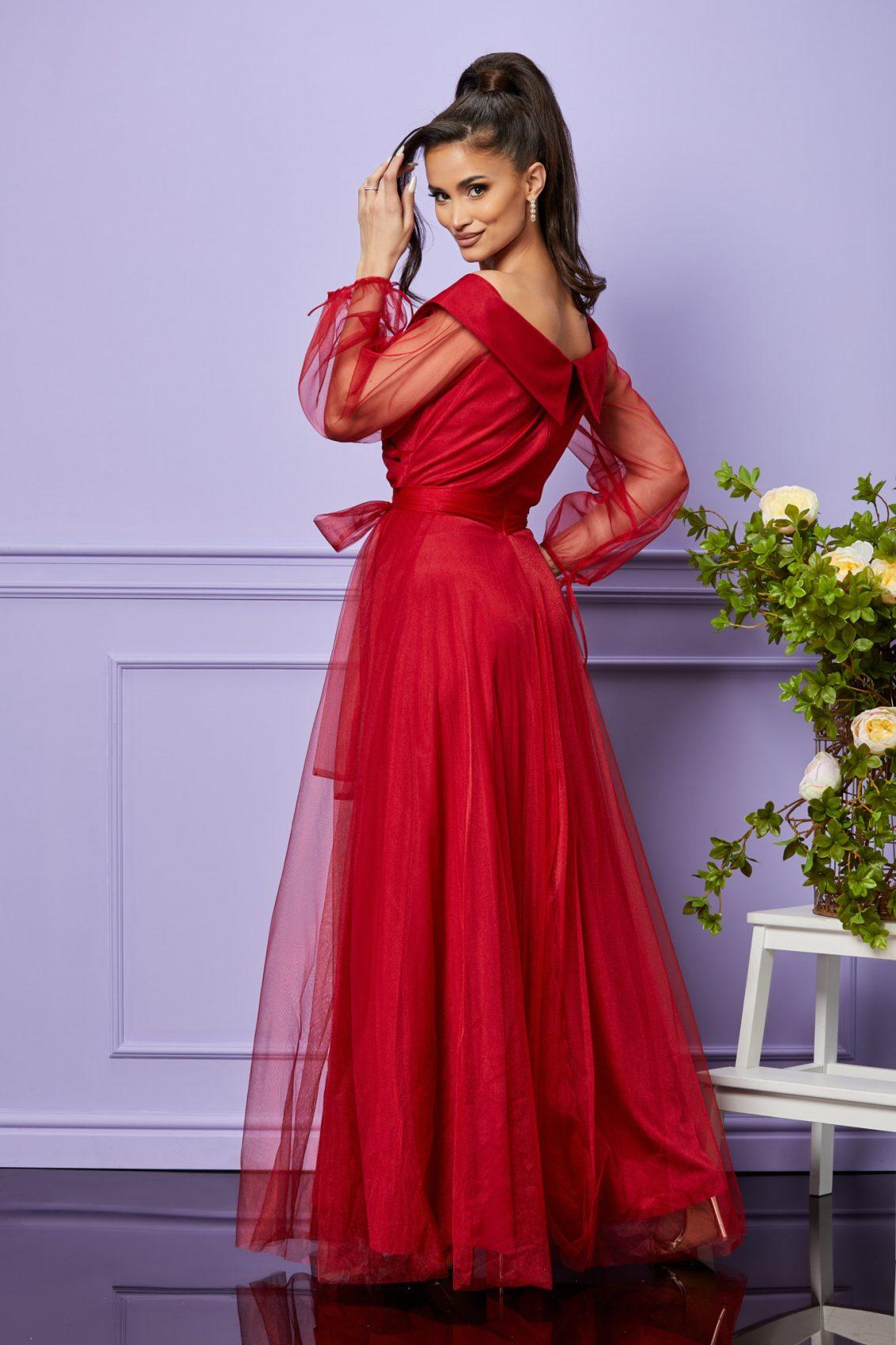 Κόκκινο Μάξι Αμπιγιέ Φόρεμα Με Τούλι Hermosa T2411 2