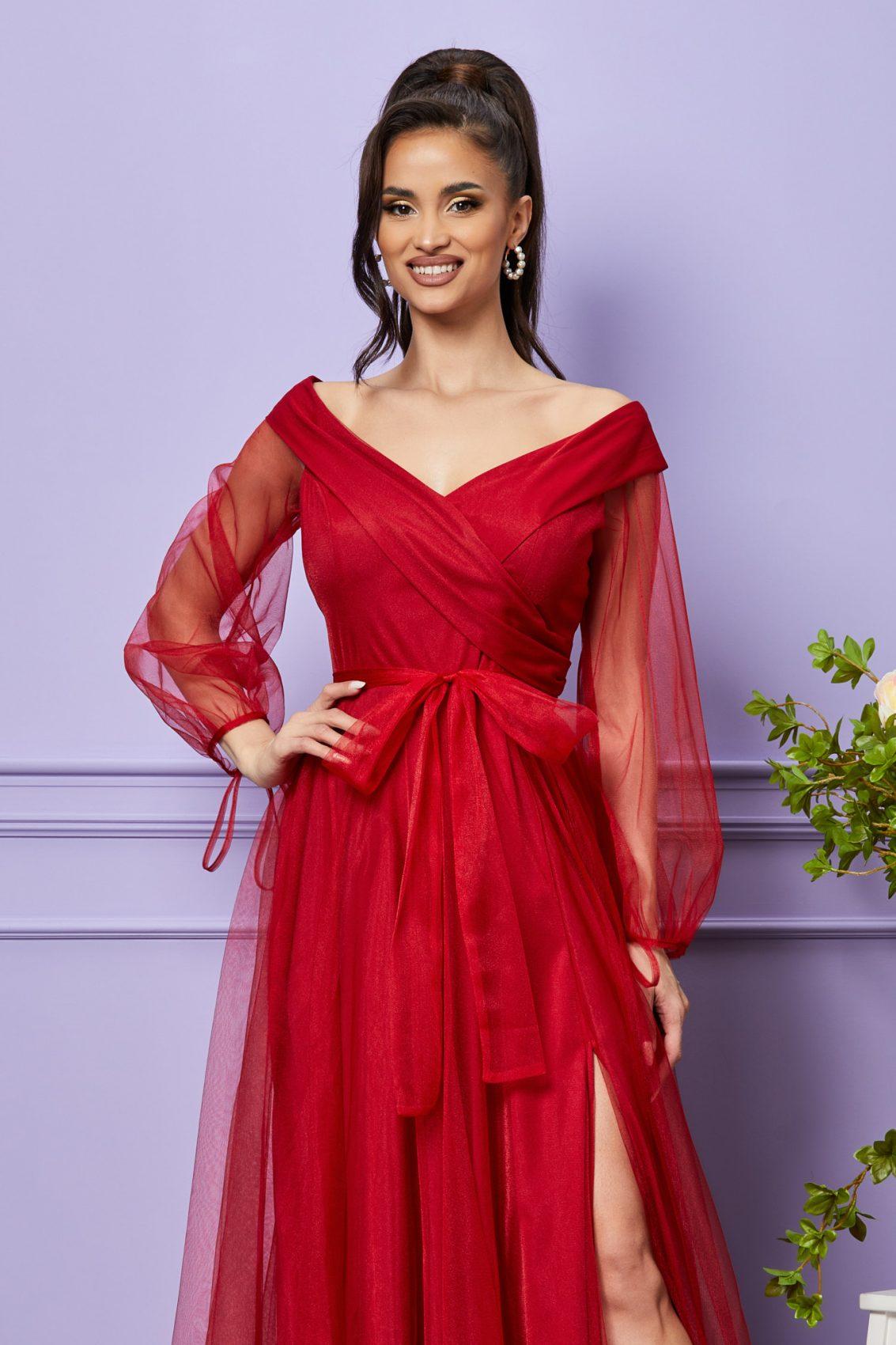 Κόκκινο Μάξι Αμπιγιέ Φόρεμα Με Τούλι Hermosa T2411 3