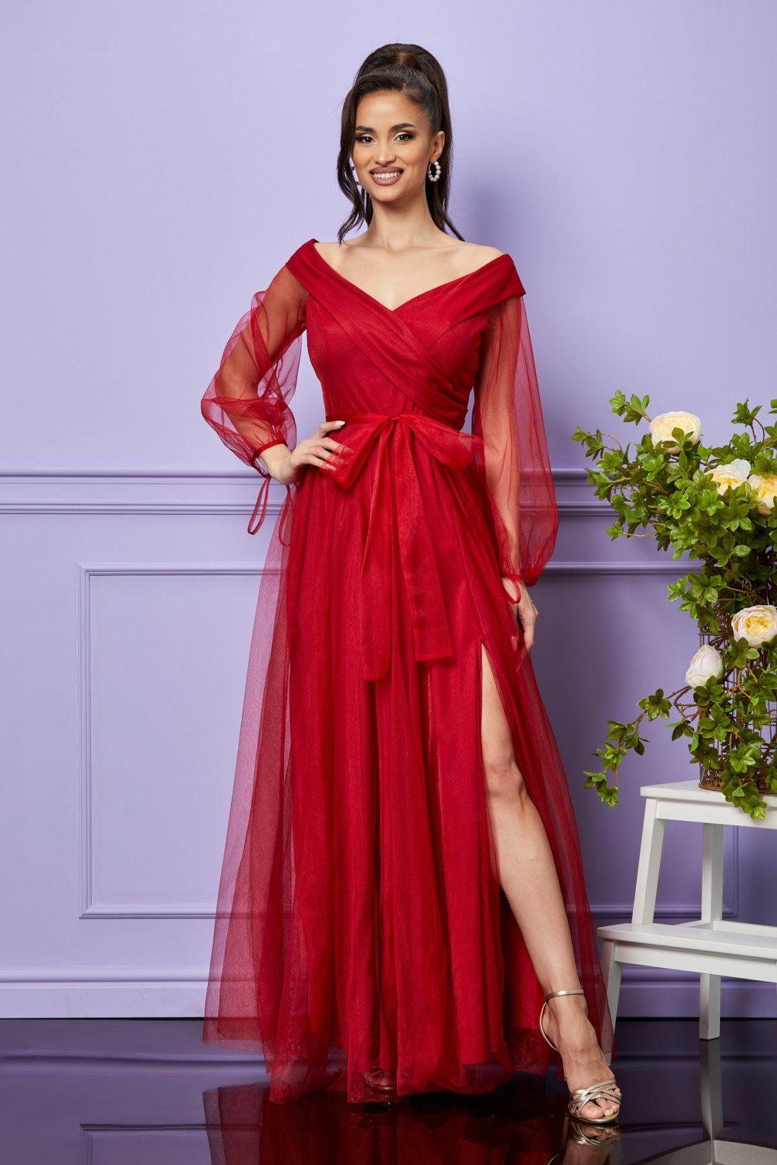 Κόκκινο Μάξι Αμπιγιέ Φόρεμα Με Τούλι Hermosa T2411 1