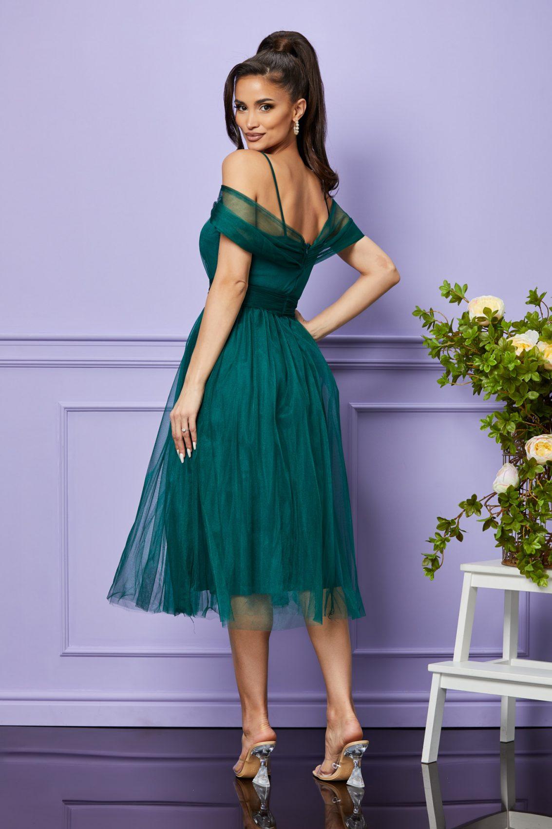 Πράσινο Μίντι Αμπιγιέ Φόρεμα Με Τούλι Queeny T2409 2
