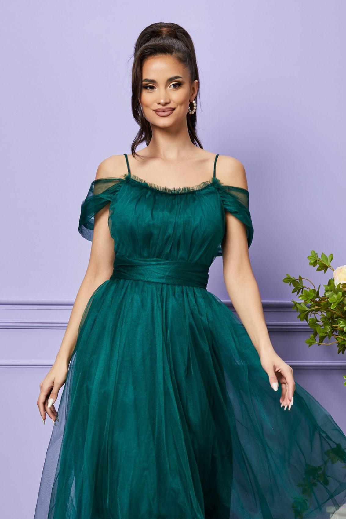 Πράσινο Μίντι Αμπιγιέ Φόρεμα Με Τούλι Queeny T2409 3