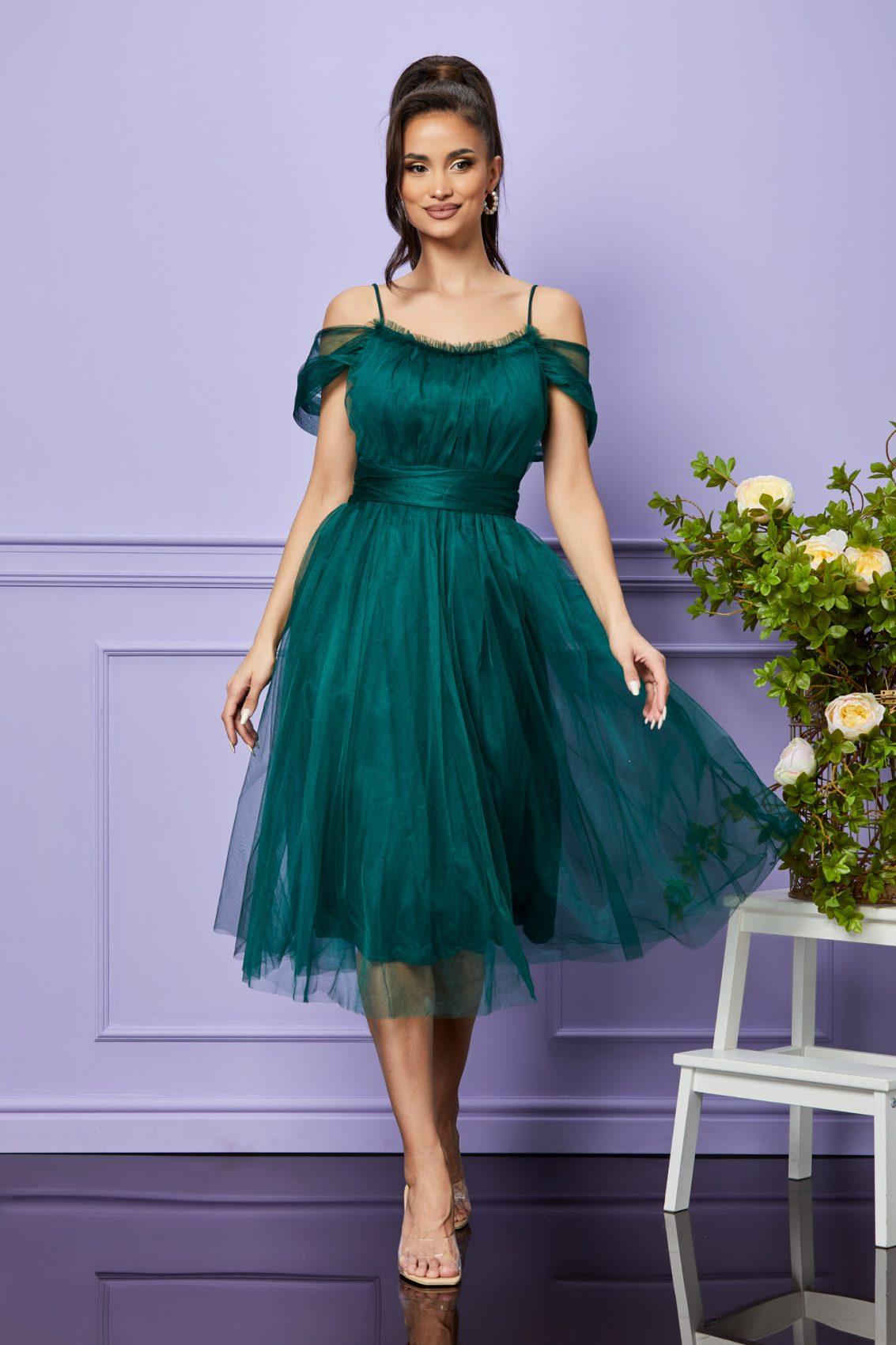 Πράσινο Μίντι Αμπιγιέ Φόρεμα Με Τούλι Queeny T2409 1