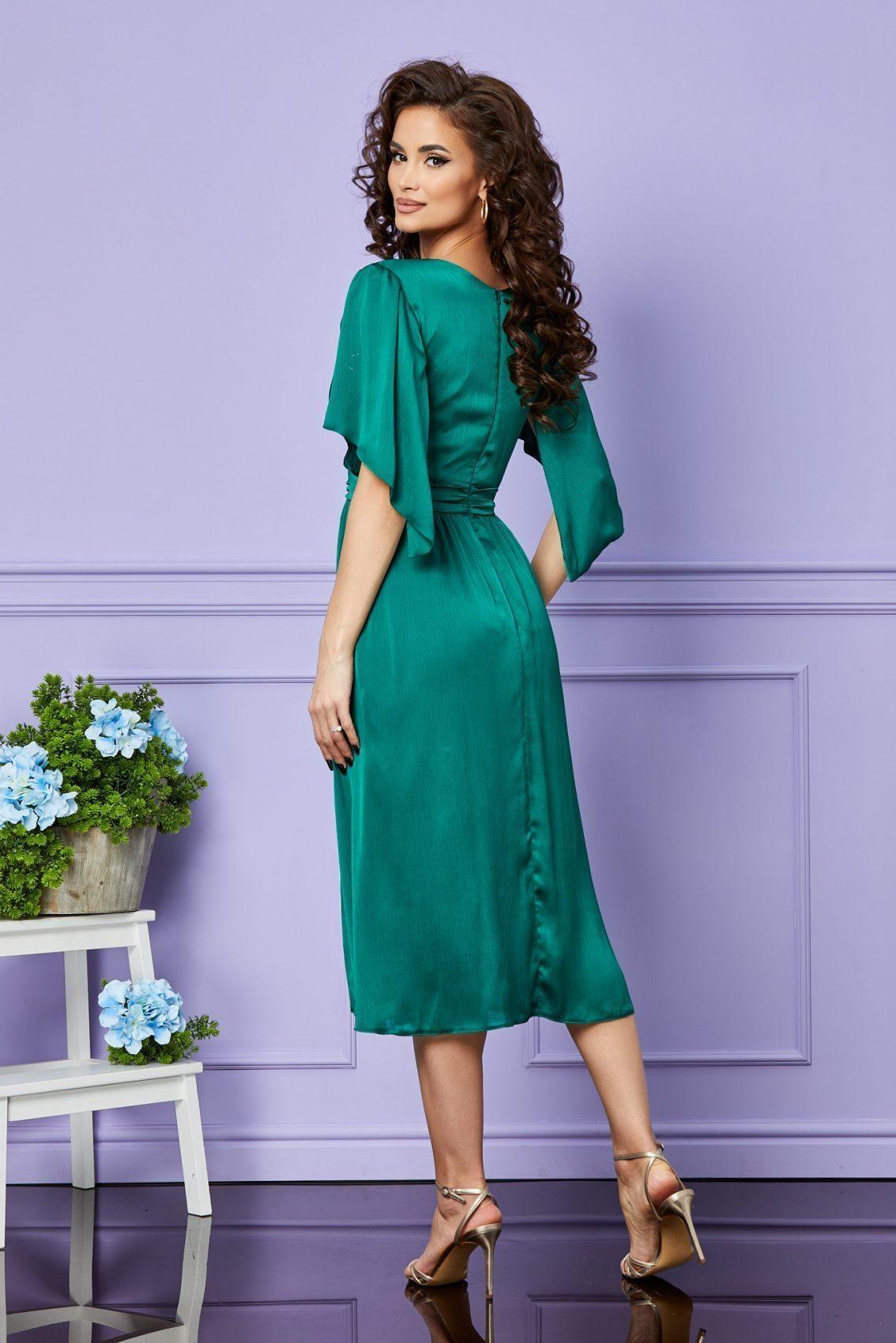 Πράσινο Μίντι Σατέν Βραδινό Φόρεμα Montana T2525 2