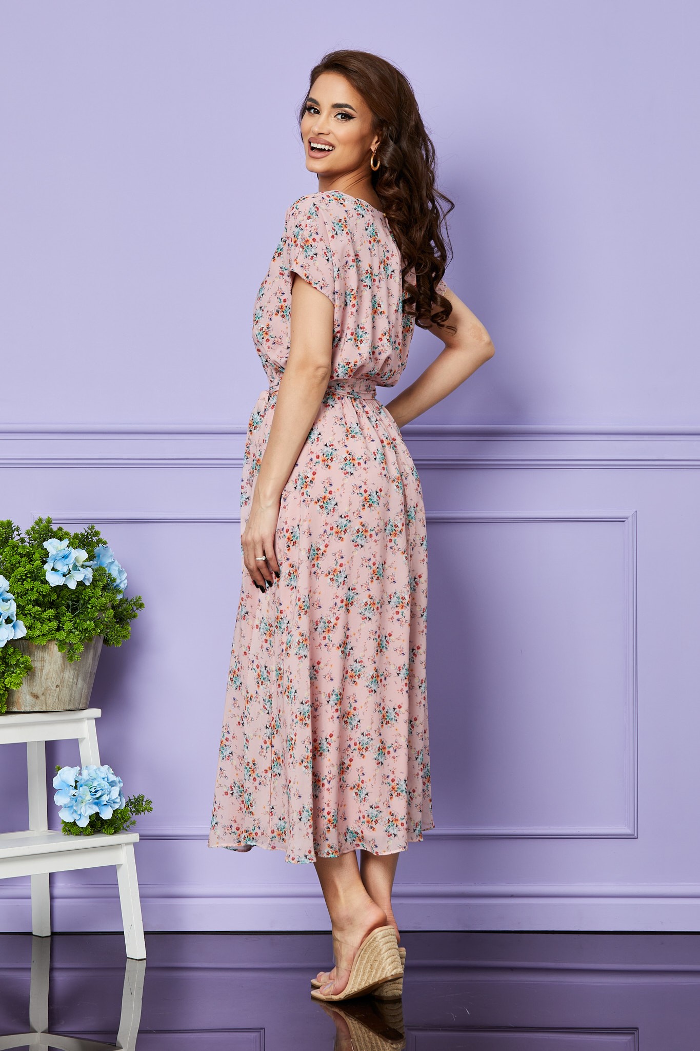 Ροζ Εμπριμέ Μίντι Καθημερινό Φόρεμα Zeina T2545 2