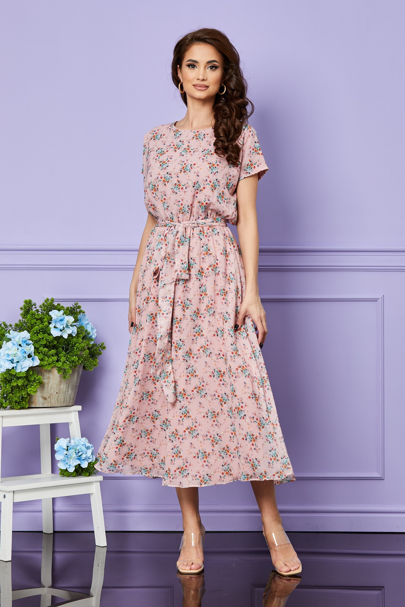 Ροζ Εμπριμέ Μίντι Καθημερινό Φόρεμα Zeina T2545 1
