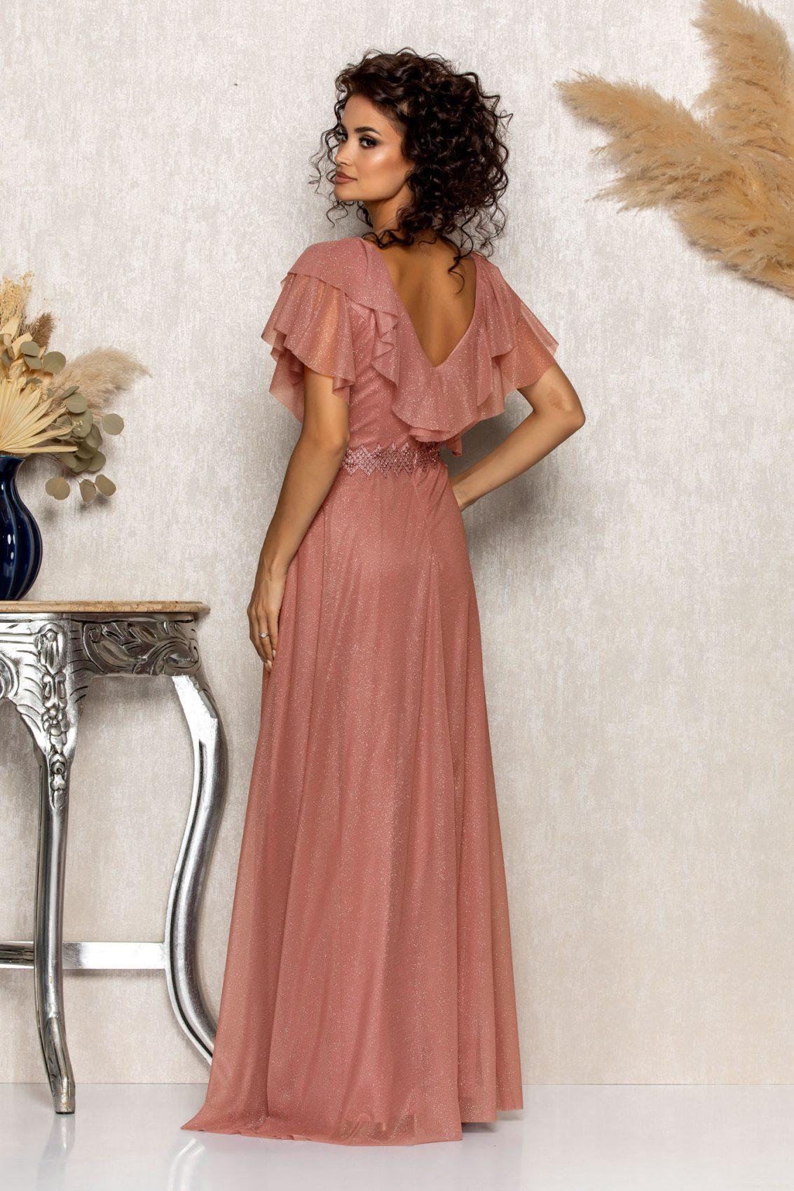Ροδακινί Μάξι Βραδινό Φόρεμα Cinderella T2595 2