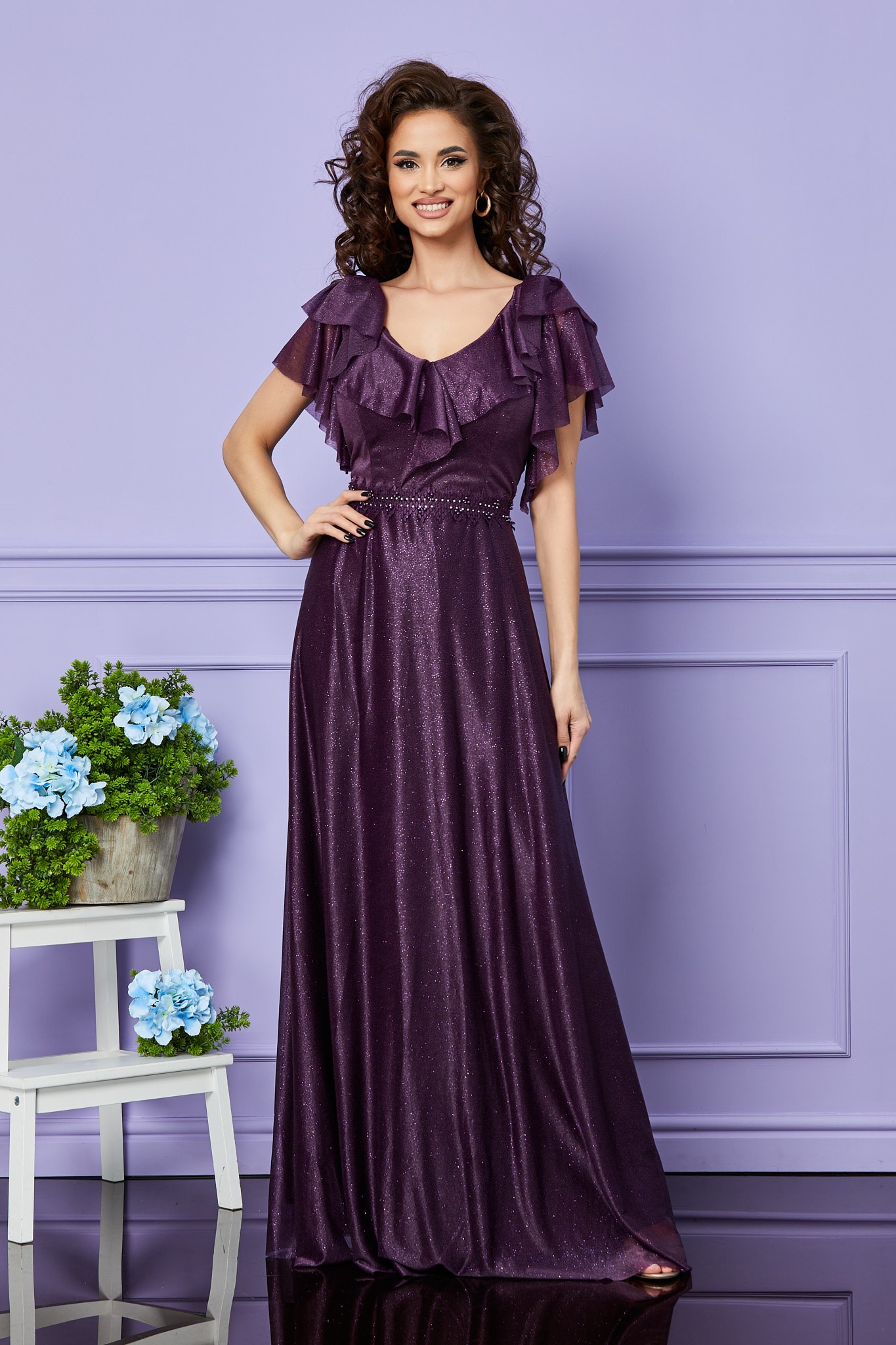 Βιολετί Μάξι Βραδινό Φόρεμα Cinderella T2569 1