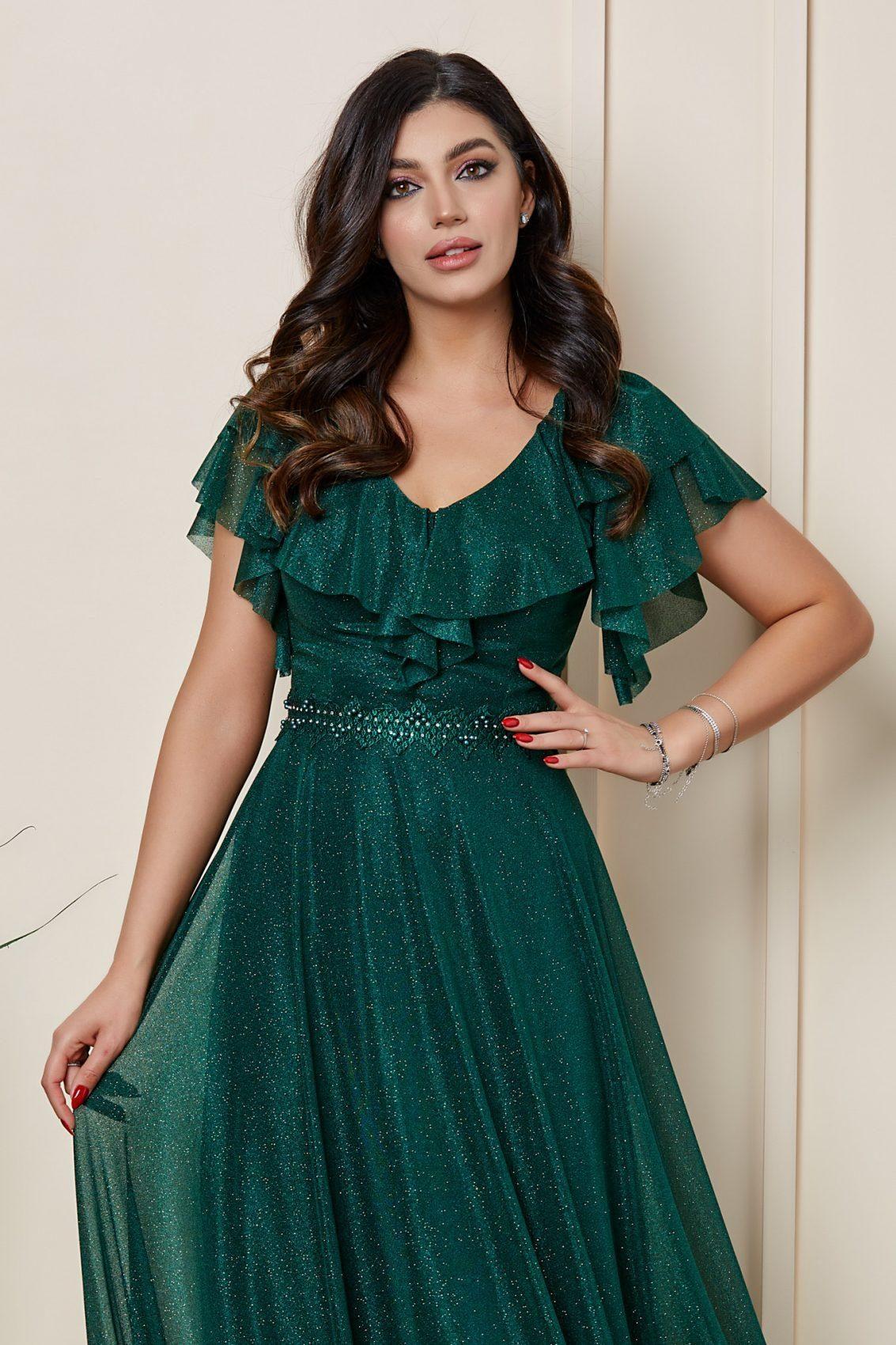 Πράσινο Μάξι Βραδινό Φόρεμα Cinderella T2601 3