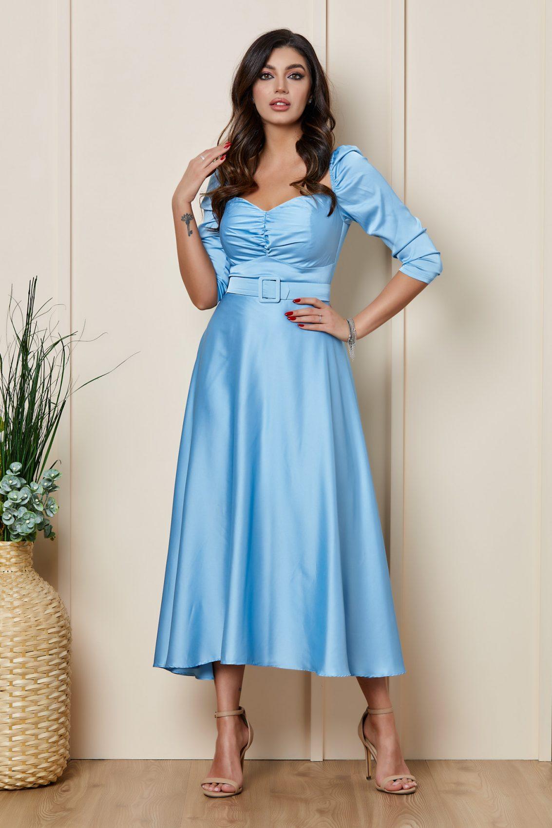 Γαλάζιο Μίντι Σατέν Αμπιγιέ Φόρεμα Lizette T2653 1