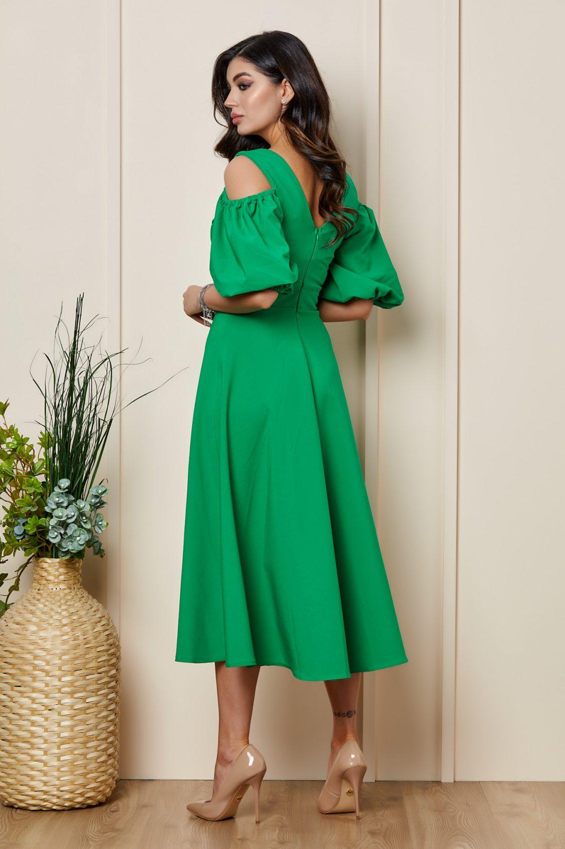 Πράσινο Μίντι Βραδινό Φόρεμα Με Μανίκια Puff Shea T2633 2