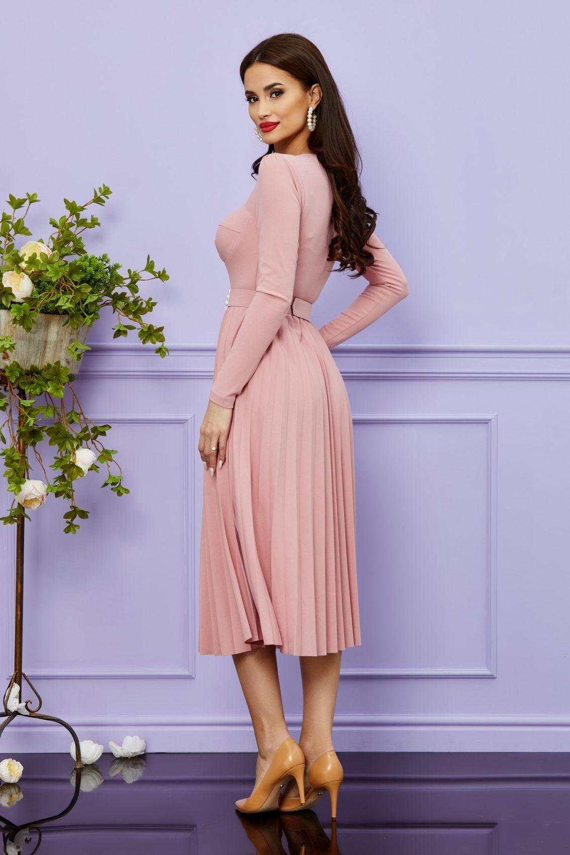 Ροζ Μίντι Βραδινό Πλισέ Φόρεμα Evelyn T1562 2
