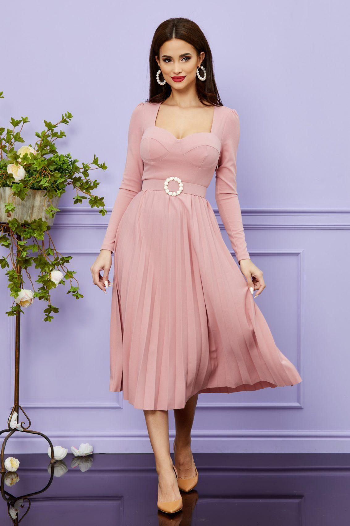 Ροζ Μίντι Βραδινό Πλισέ Φόρεμα Evelyn T1562 1