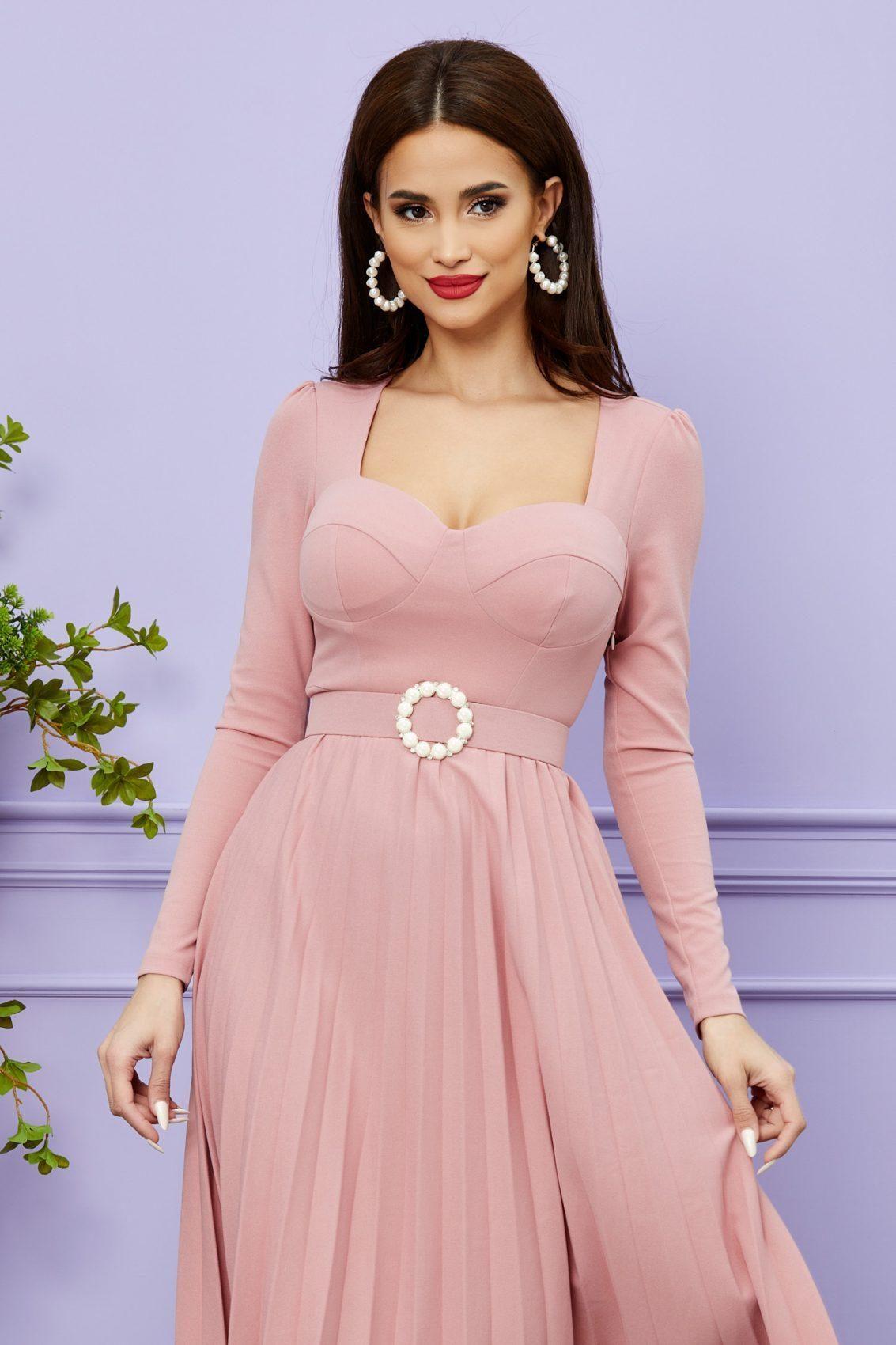 Ροζ Μίντι Βραδινό Πλισέ Φόρεμα Evelyn T1562 3