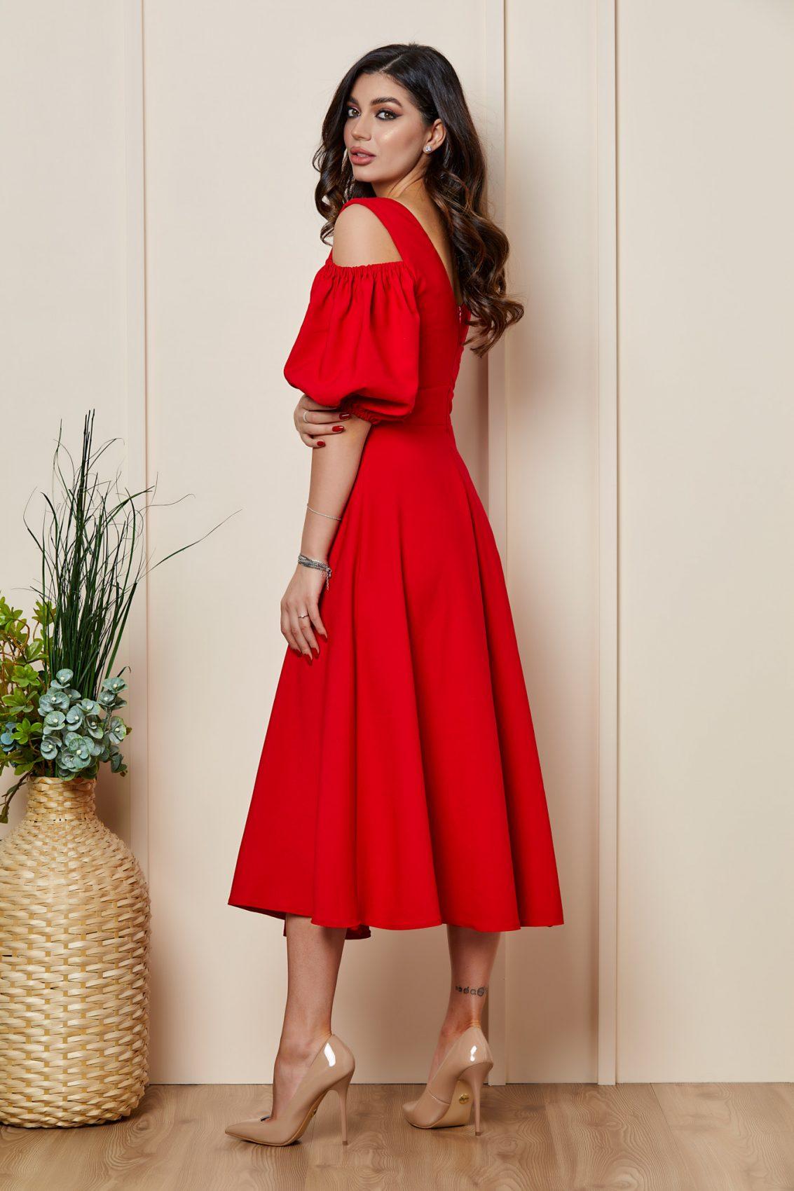 Κόκκινο Μίντι Βραδινό Φόρεμα Με Μανίκια Puff Shea T2632 2