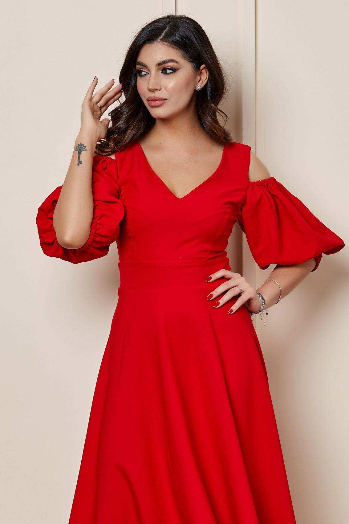 Κόκκινο Μίντι Βραδινό Φόρεμα Με Μανίκια Puff Shea T2632 3