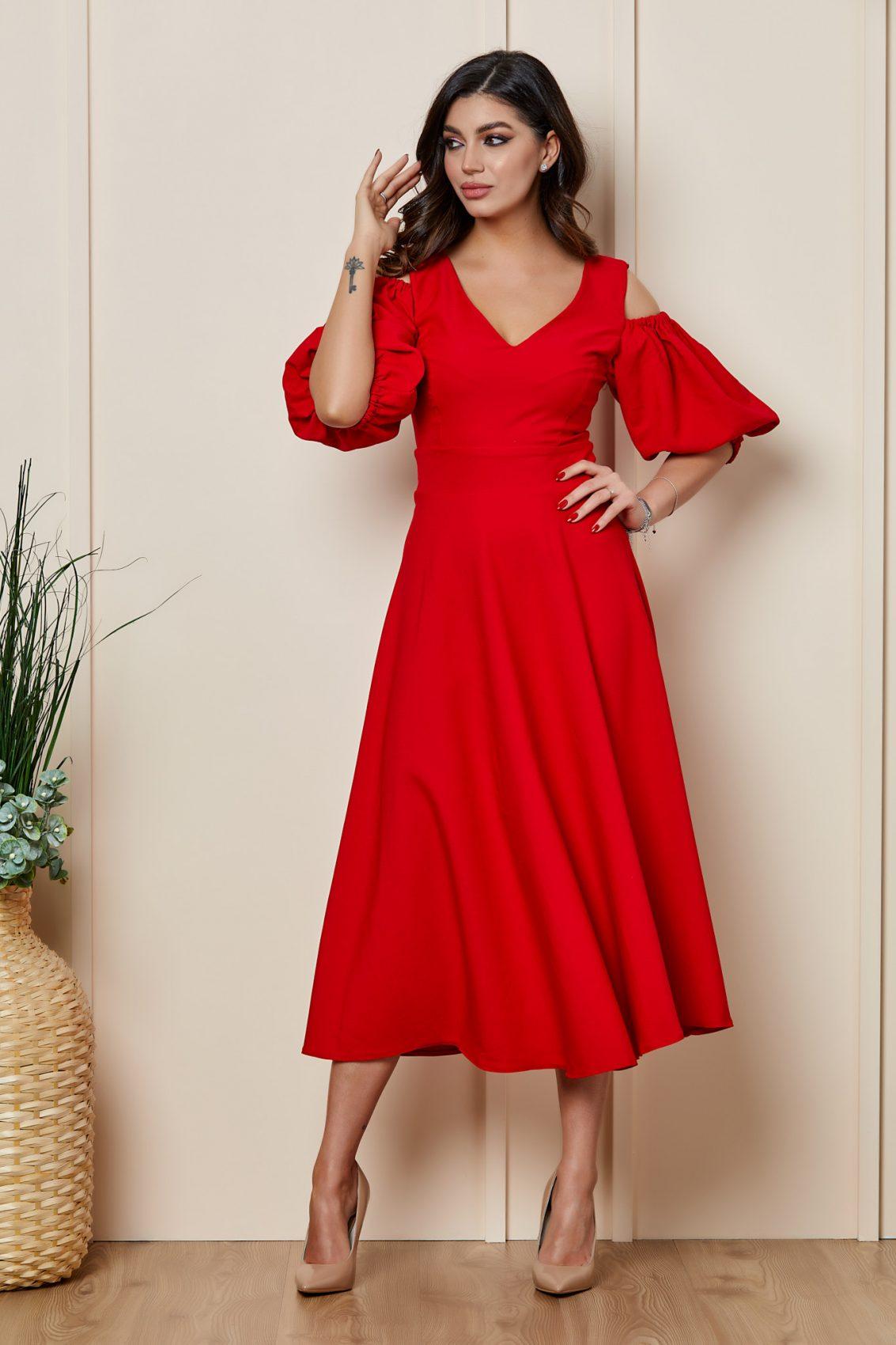 Κόκκινο Μίντι Βραδινό Φόρεμα Με Μανίκια Puff Shea T2632 1