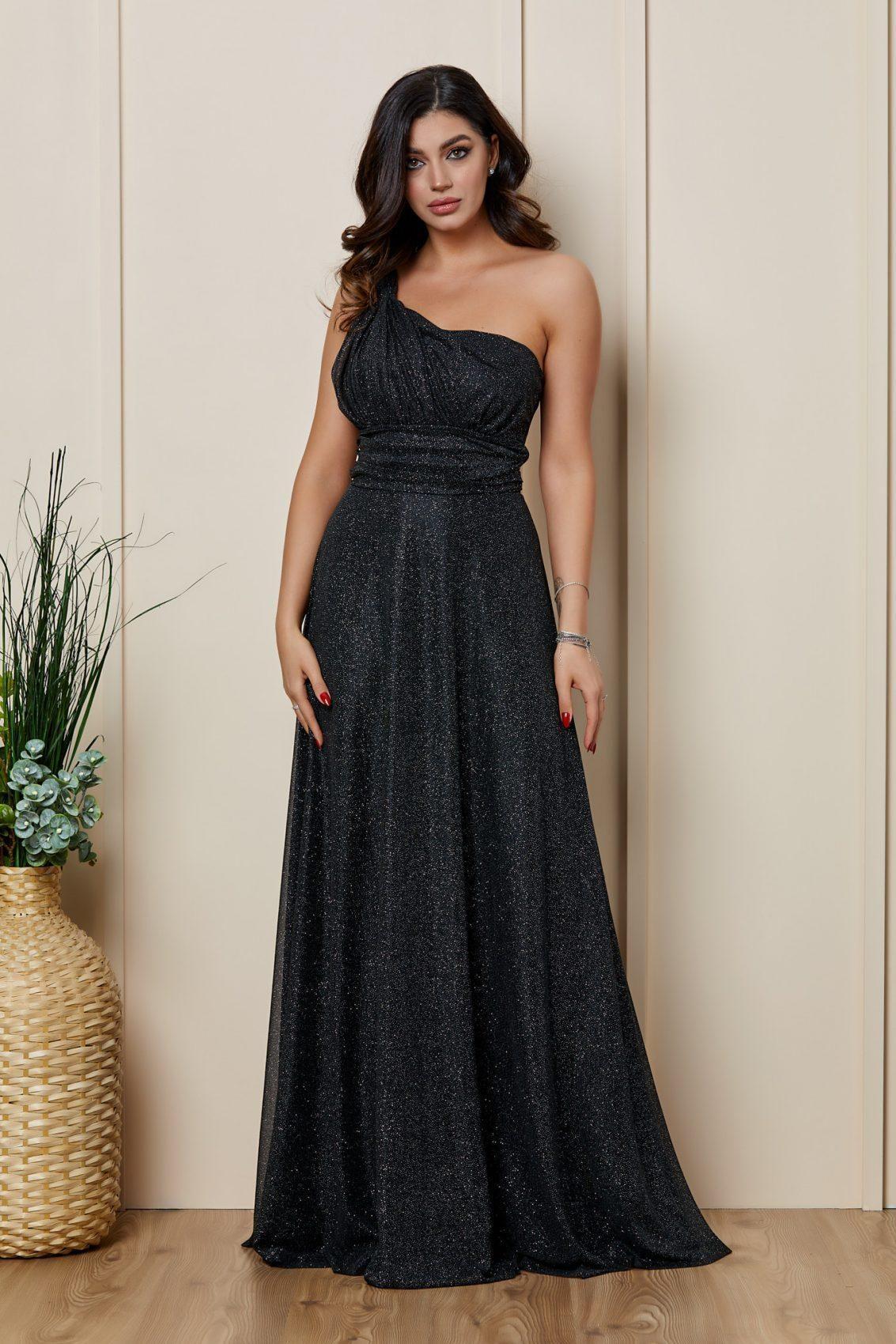 Μαύρο Μάξι Αμπιγιέ Φόρεμα Με Έναν Ώμο Corazon T2612 1