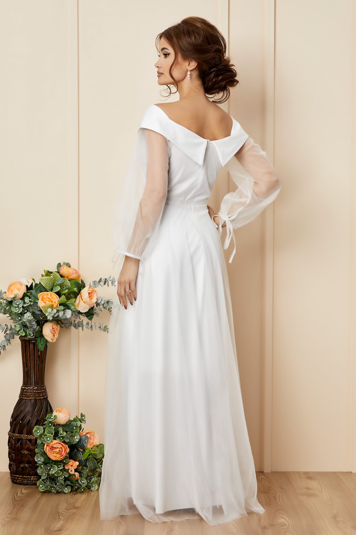 Λευκό Μάξι Νυφικό Φόρεμα Με Τούλι Hermosa T2754 2