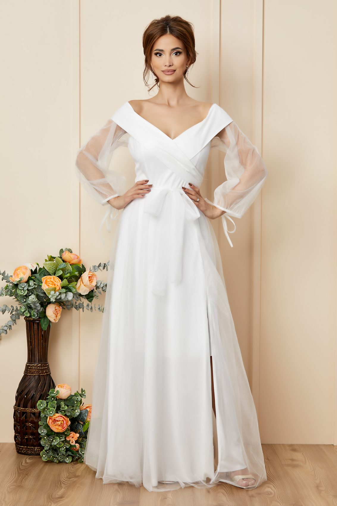 Λευκό Μάξι Νυφικό Φόρεμα Με Τούλι Hermosa T2754 1