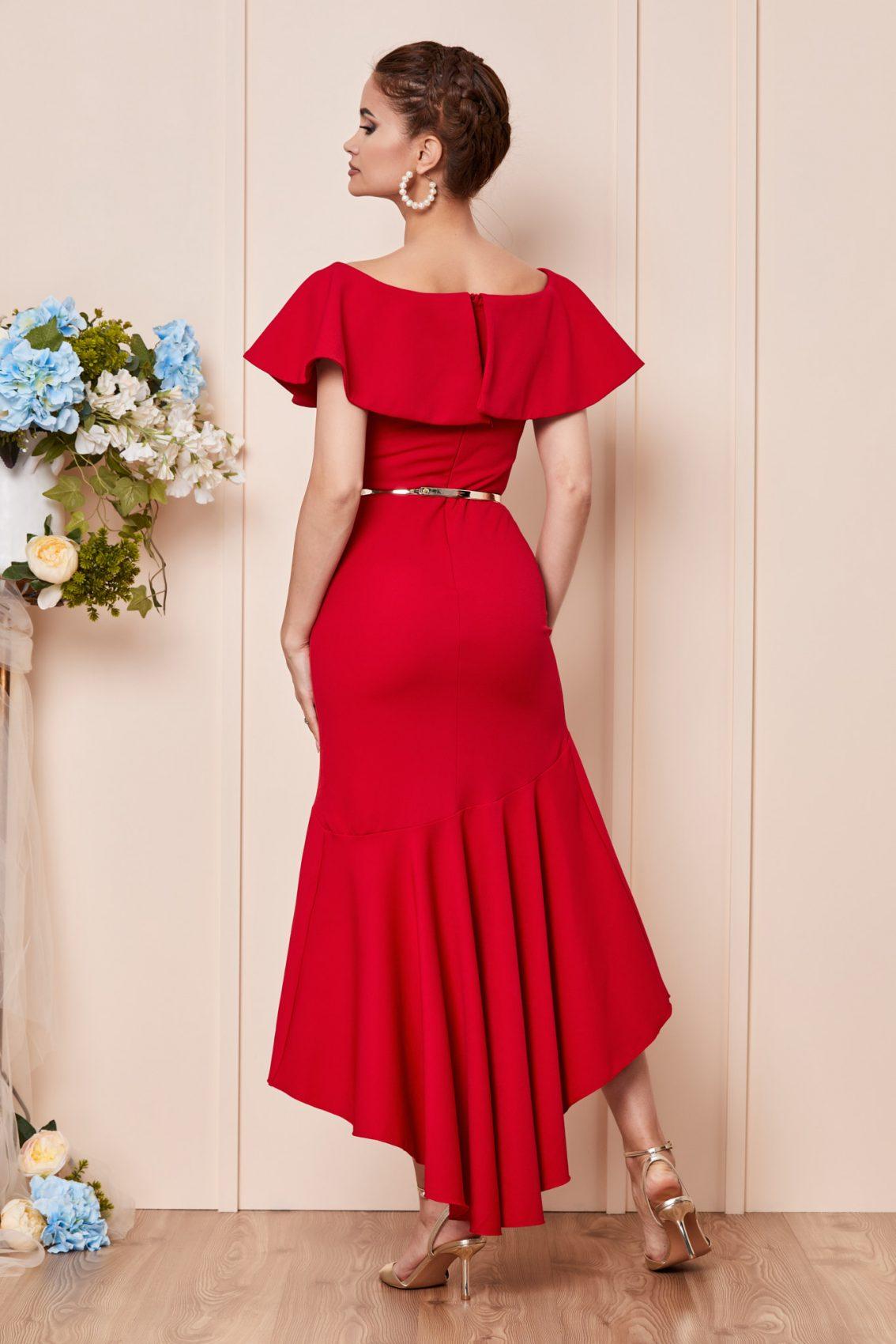 Κόκκινο Μίντι Ασύμμετρο Βραδινό Φόρεμα Luvia T2855 2