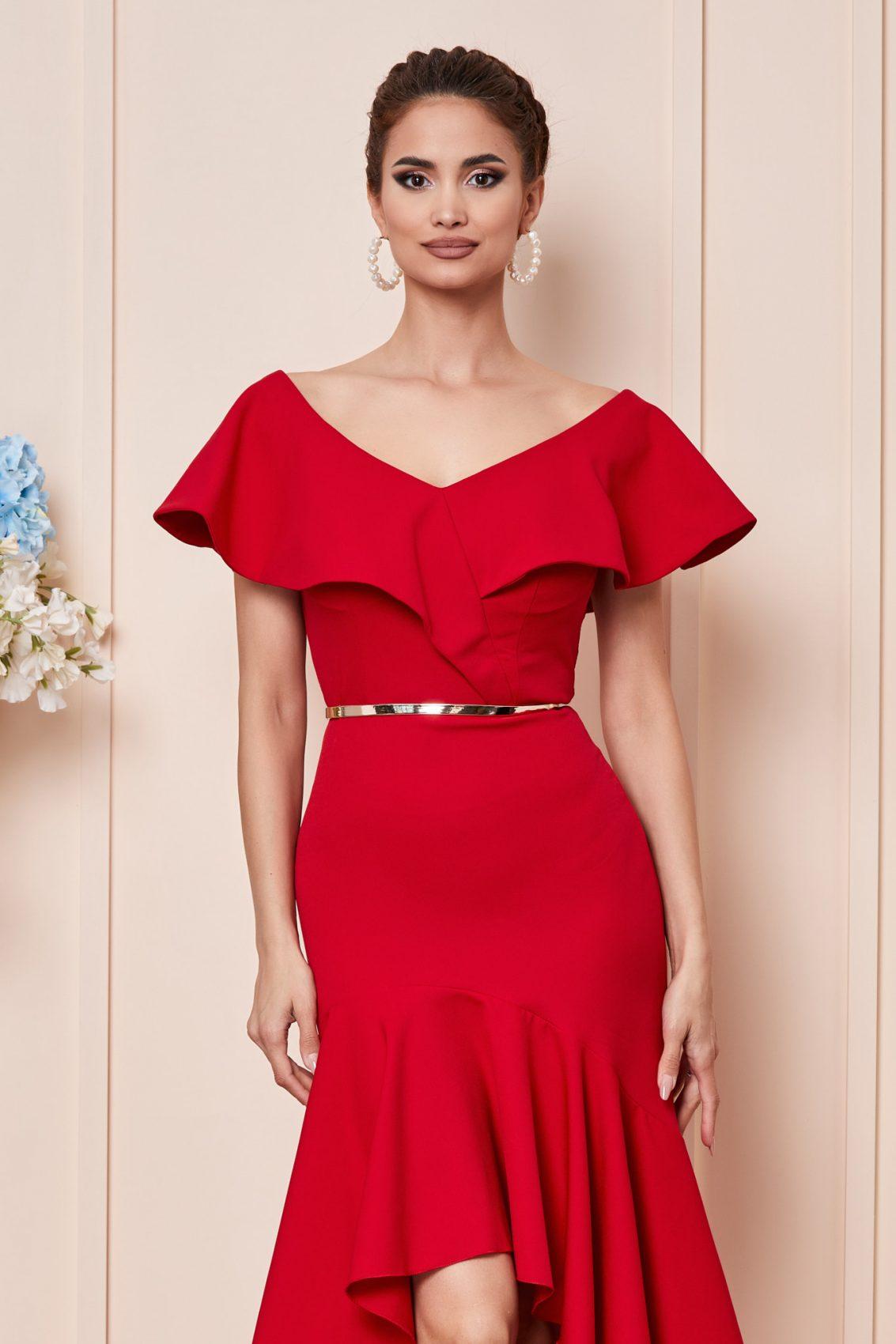 Κόκκινο Μίντι Ασύμμετρο Βραδινό Φόρεμα Luvia T2855 3