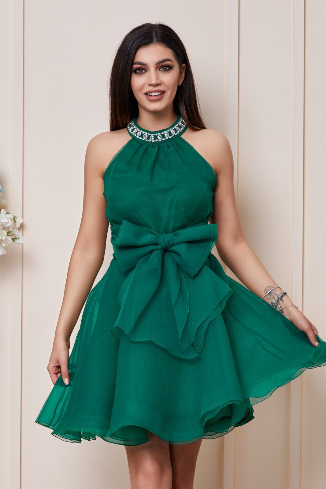 Πράσινο Μίνι Αμπιγιέ Αμάνικο Φόρεμα Girlish T3039 3