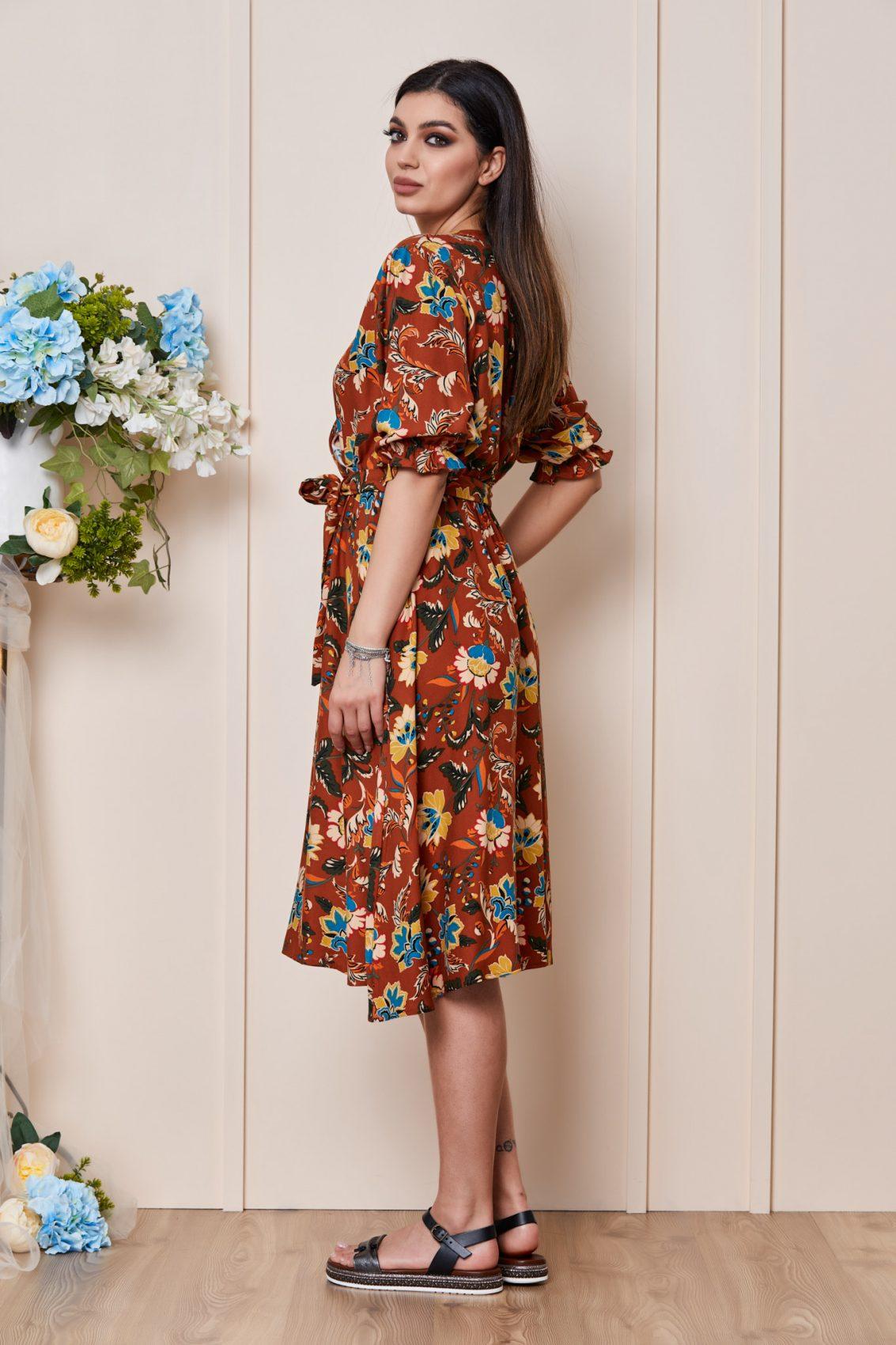 Κεραμιδί Φλοράλ Καθημερινό Φόρεμα Ayla T3061 2