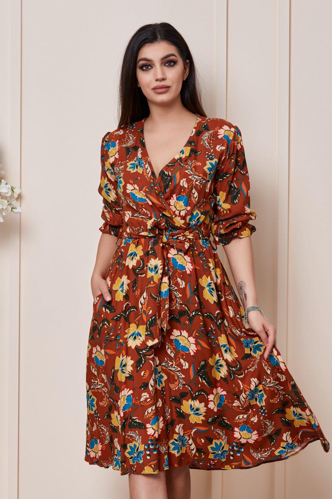 Κεραμιδί Φλοράλ Καθημερινό Φόρεμα Ayla T3061 3