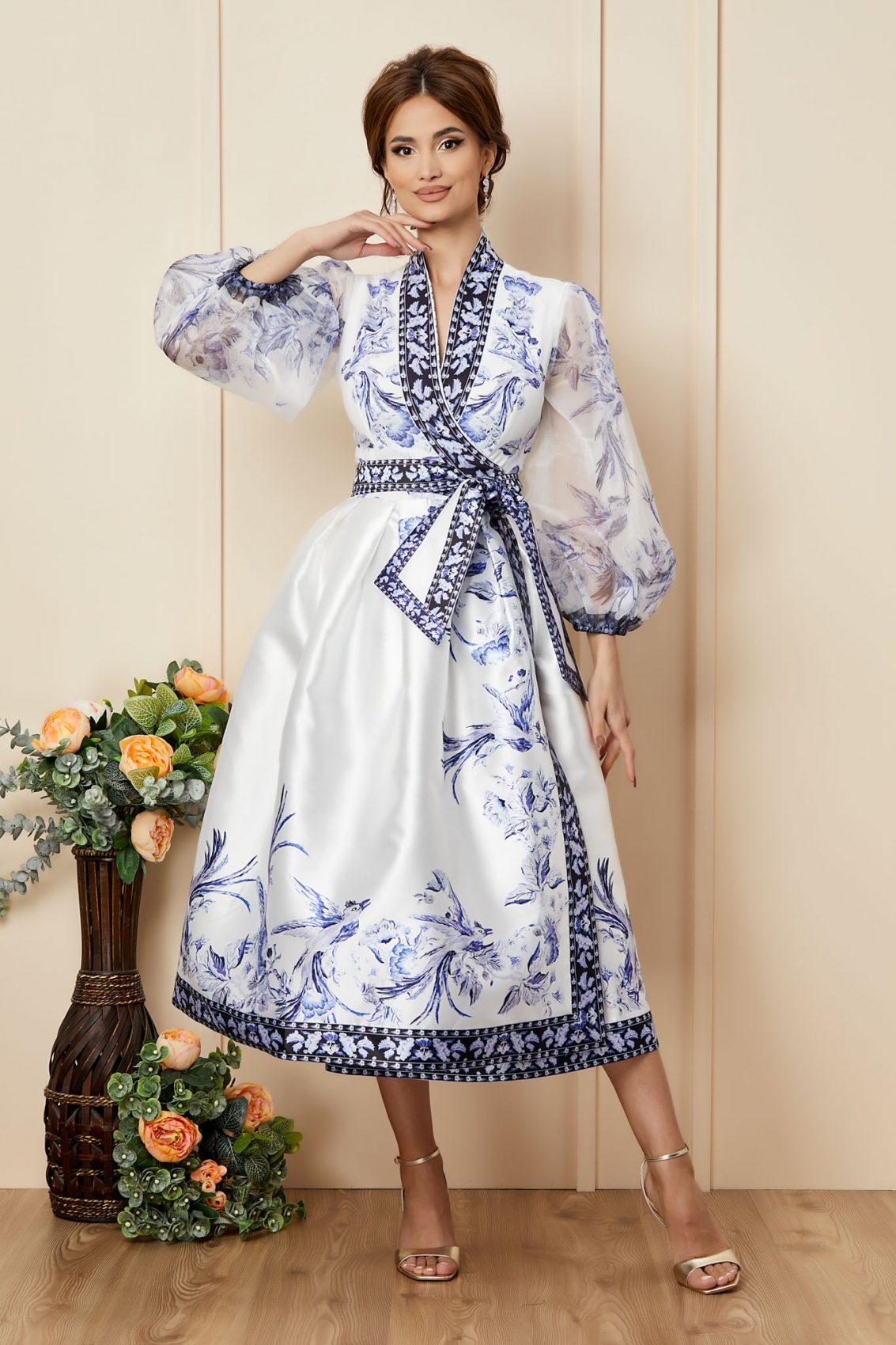 Λευκό Εμπριμέ Μίντι Αμπιγιέ Κρουαζέ Φόρεμα Majestique T2793 1