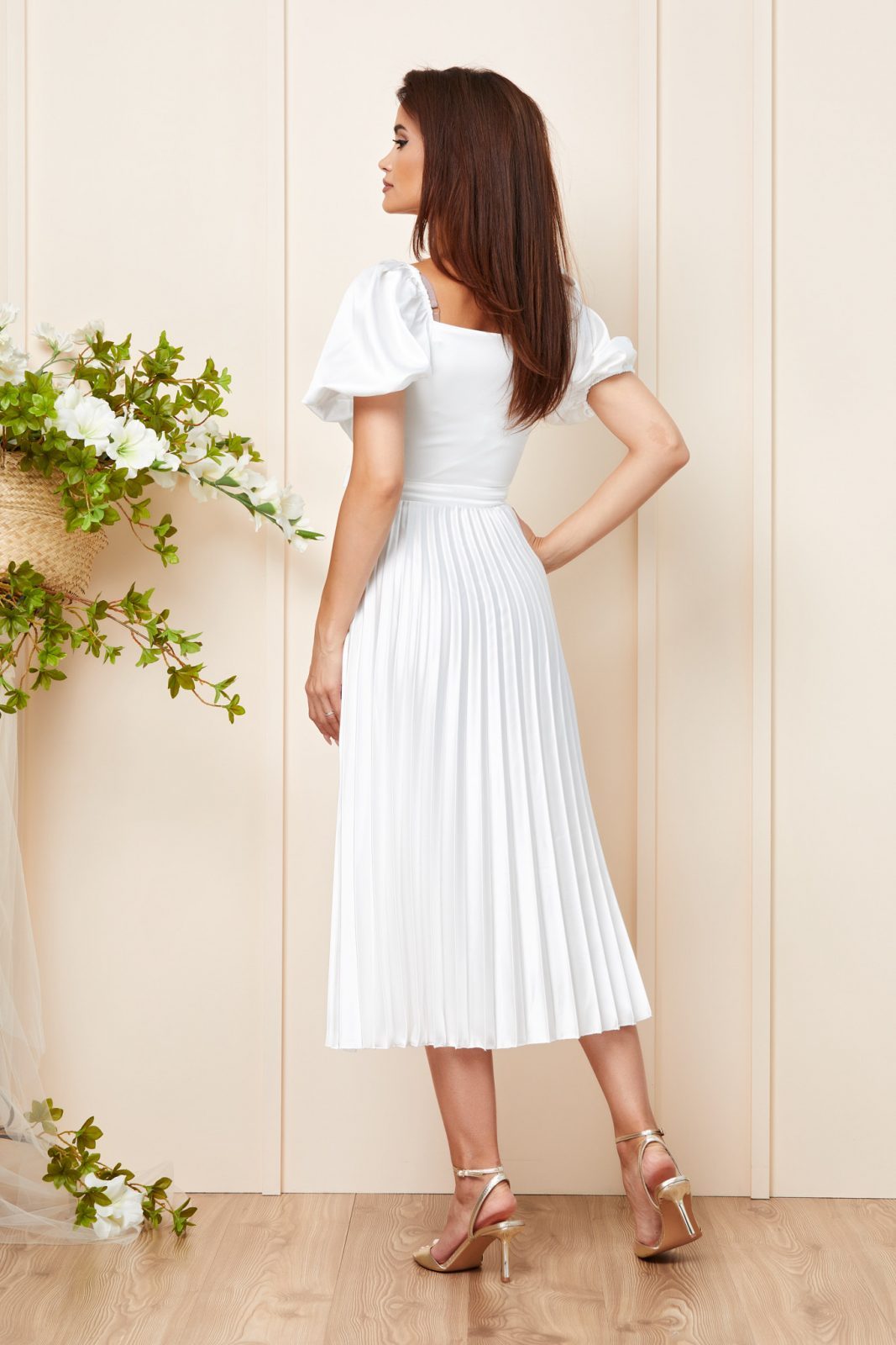 Λευκό Μίντι Σατέν Βραδινό Φόρεμα Melba T3134 2