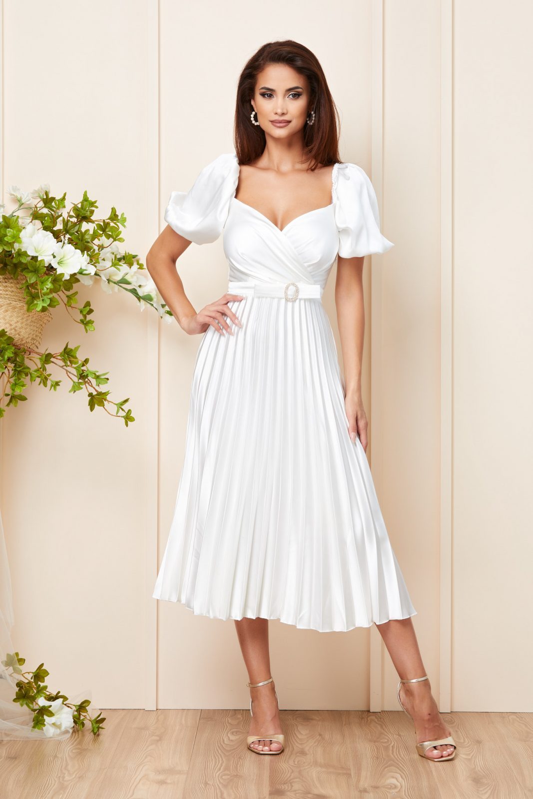 Λευκό Μίντι Σατέν Βραδινό Φόρεμα Melba T3134 1