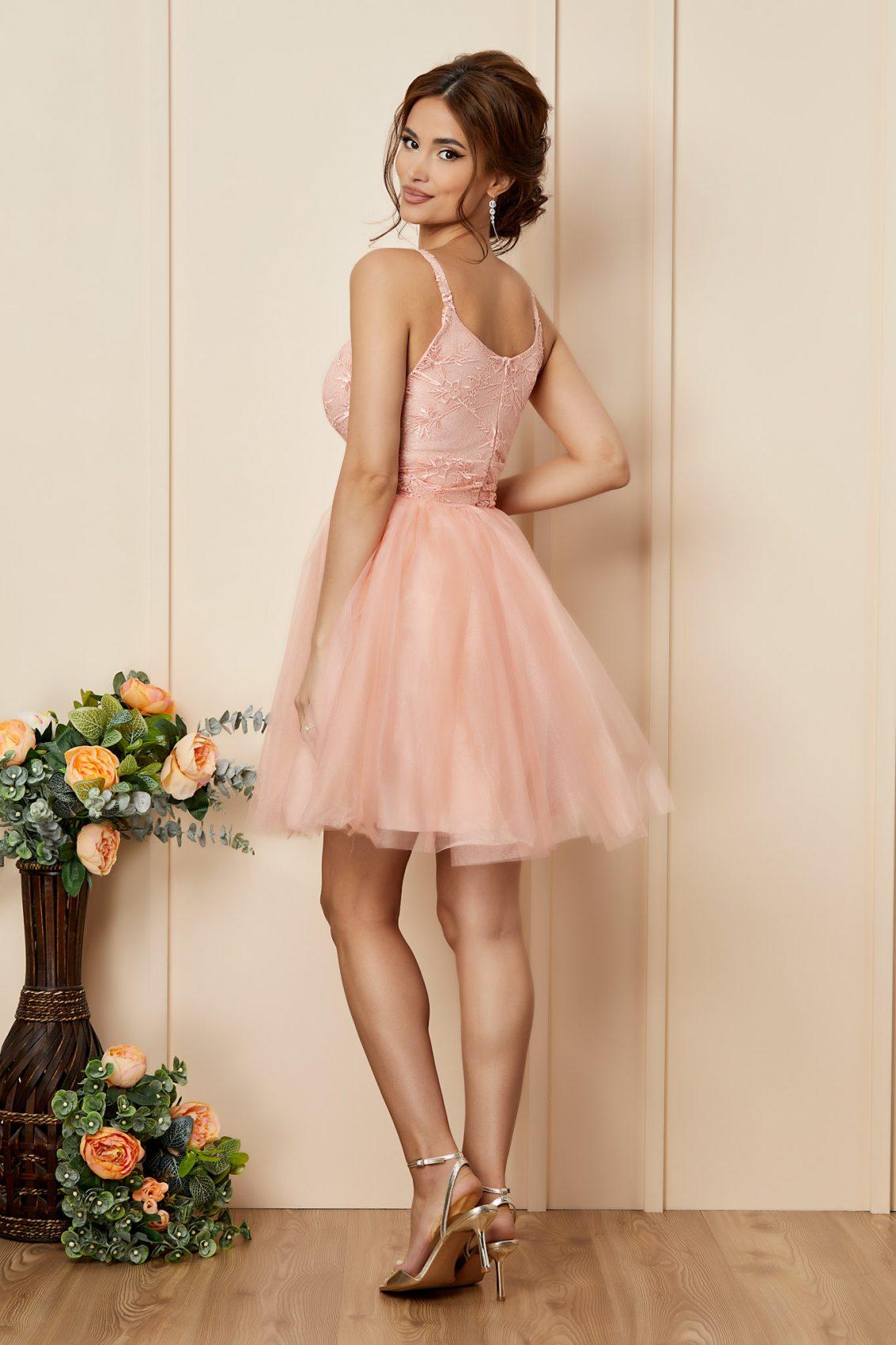 Ροζ Μίνι Αμπιγιέ Φόρεμα Με Δαντέλα Letty T2748 2